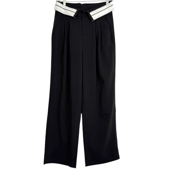 La Chapelle Black Wide-Leg Trousers Women’s XL with White Folded Contrast Waist - Picture 1 of 16